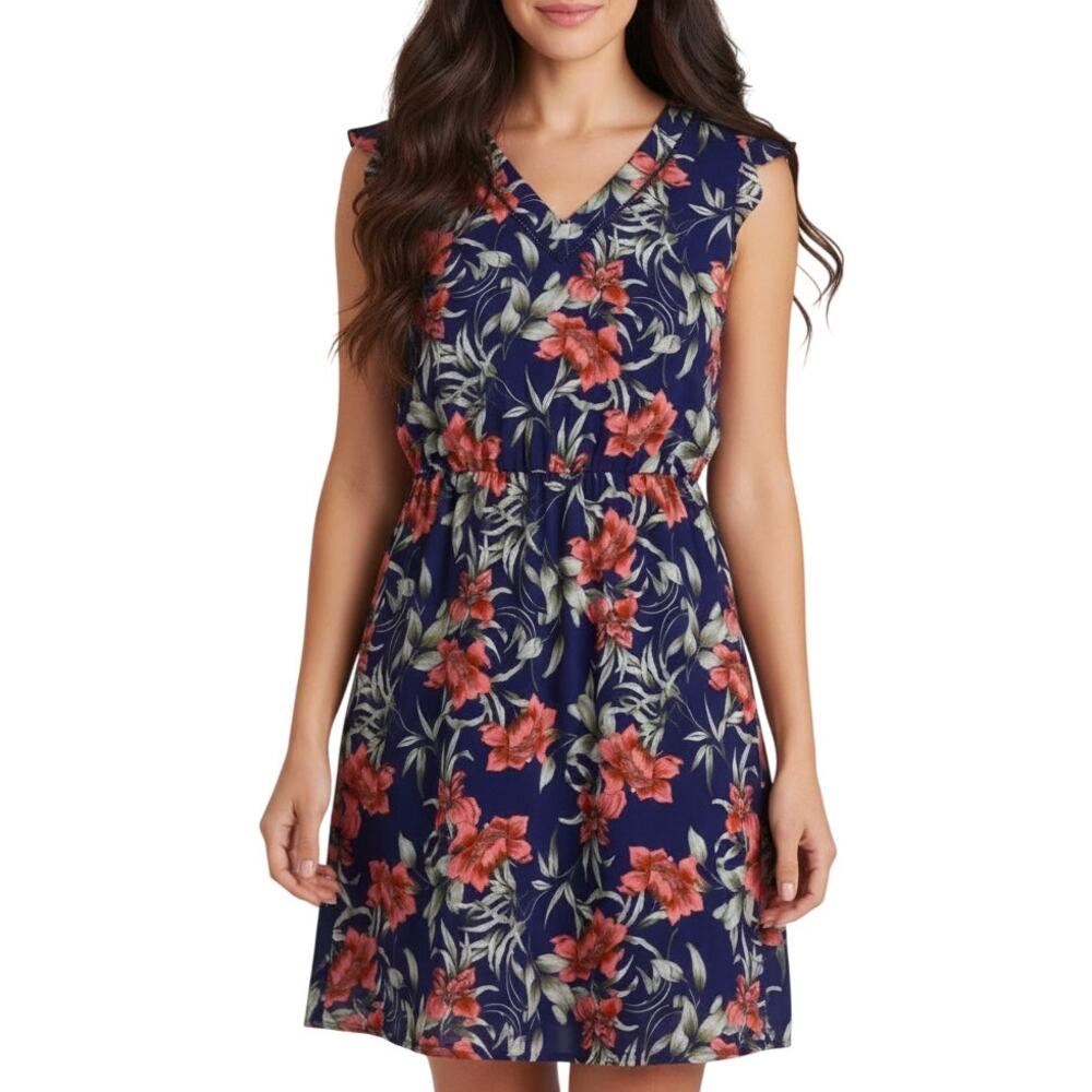 41 Hawthorn Midnight Scallop Detail Floral Dress Navy Multi Women L Petite NWT